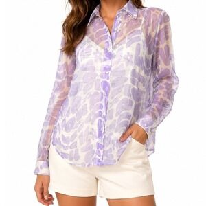 Princess Polly Sheer Organza Blouse Sz 4 Purple Love Print 70s Button Down Shirt